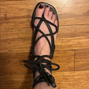 Free People NWT Black leather & Braided leather double strap Lace-Up Sandals 38
